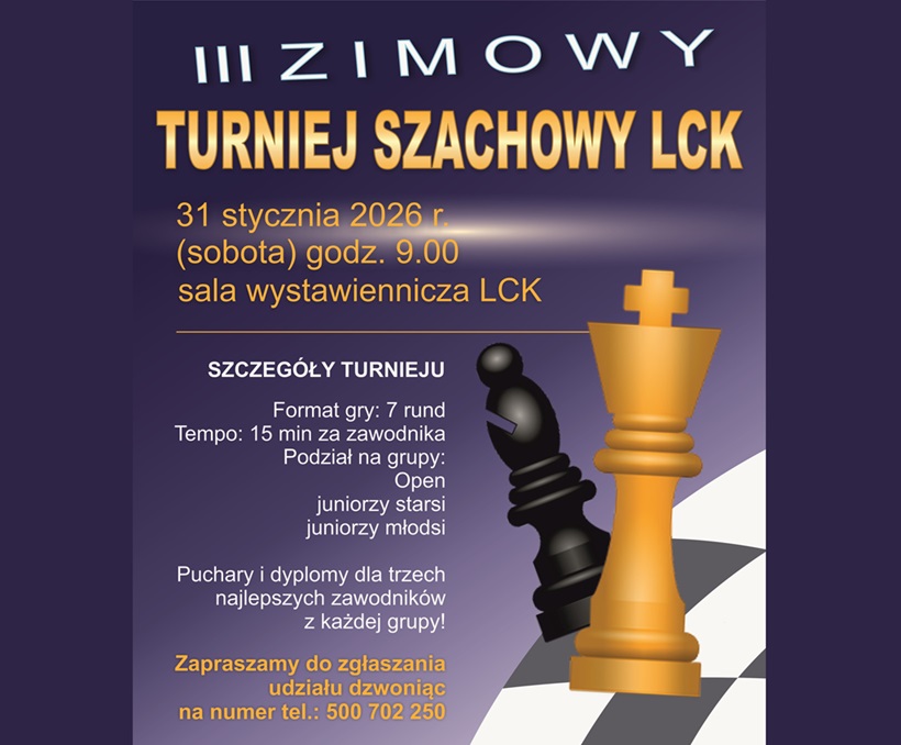 Baner promujący turniej z podstawowymi informacjami (nazwa, data, szczegóły turnieju, zapisy) na fioletowym tle z motywem graficznym szachów i szachownicy.