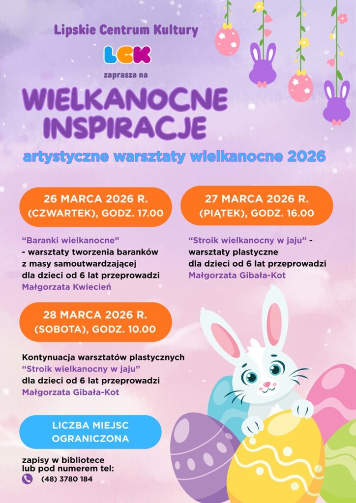 Baner promujący warsztaty z podstawowymi informacjami (organizator, nazwa, data, krótki opis warsztatów, informacja o zapisach) na jasnofioletowym tle z elementami kolorowych, wielkanocnych ozdób.