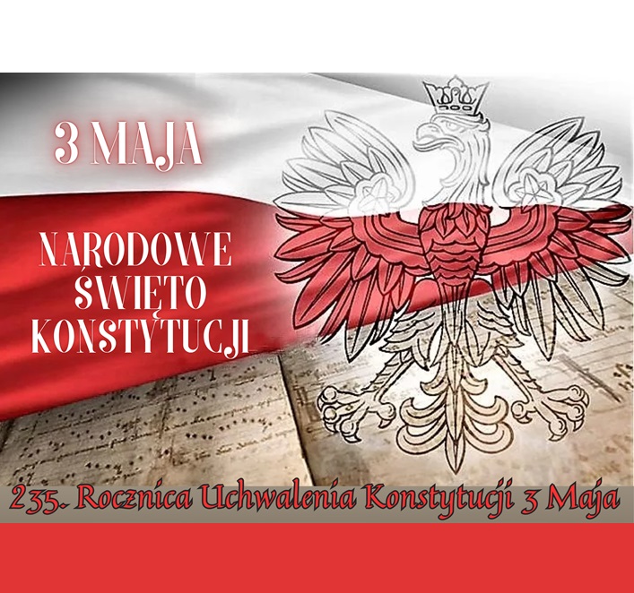 Baner promujący wydarzenie z podstawowymi informacjami (nazwa i wpis o rocznicy) na biało- czerwonym tle ze szkicem godła Polski oraz starodruku nut.