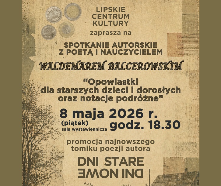 Baner promujący wydarzenie z podstawowymi informacjami (organizator, nazwa wydarzenia, data i wpis o promocji książki) na szarobeżowym tle.