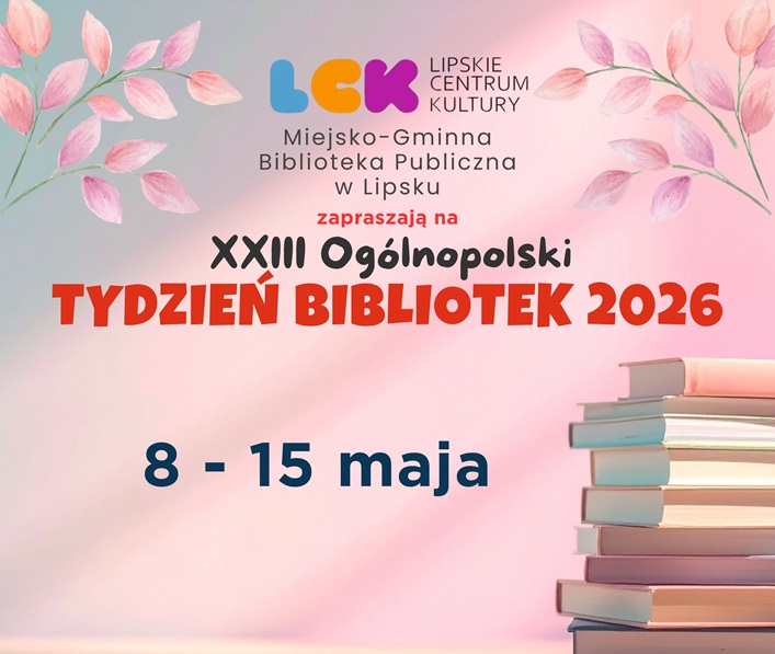 Baner promujący wydarzenie z podstawowymi informacjami (organizatorzy, nazwa wydarzenia, data) na jasnoróżowym tle z elementami graficznymi wiosennych liści, książek na stosie i logotypem jednego z organizatorów.