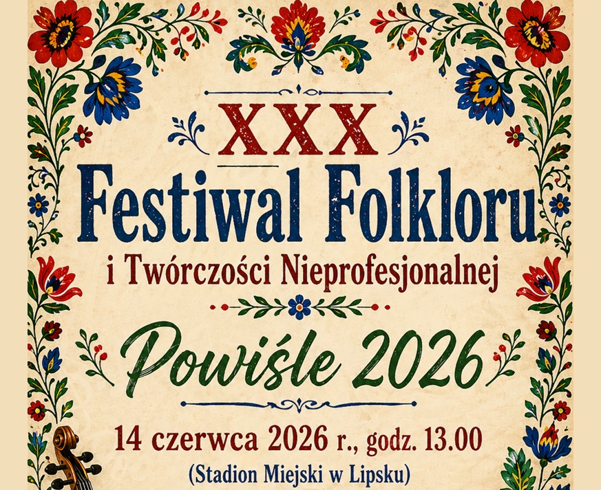 Baner promujący wydarzenie z podstawowymi informacjami (nazwa, data, godzina, miejsce) na beżowym tle z kolorowymi elementami kwiatowych wzorów ludowych.
