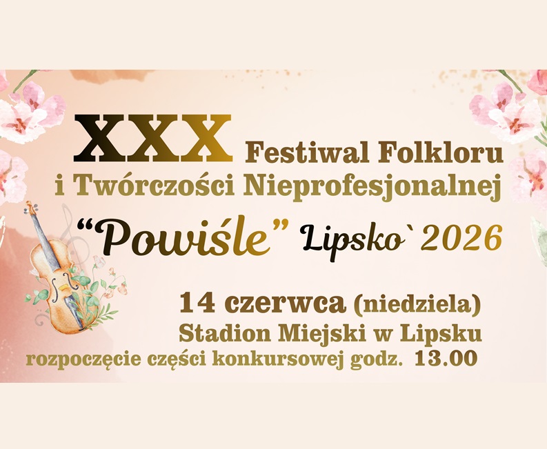 Baner promujący wydarzenie z podstawowymi informacjami (nazwa, data, miejsce i godzina) na jasnoróżowym tle z elementami graficznymi różowych kwiatów i skrzypcami.