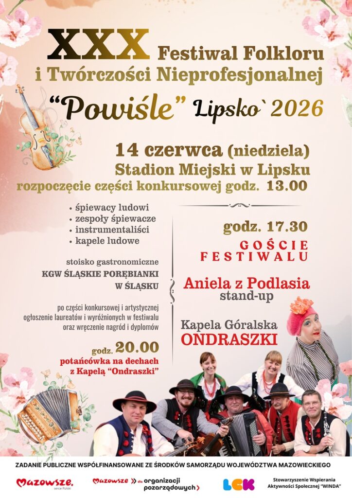 Plakat promujący wydarzenie z podstawowymi informacjami (nazwa, data, miejsce i godzina, atrakcje, goście festiwalu) na jasnoróżowym tle z elementami graficznymi różowych kwiatów, skrzypiec, akordeonem, zdjęciami artystów, informacją o dofinansowaniu i logotypami organizatorów.