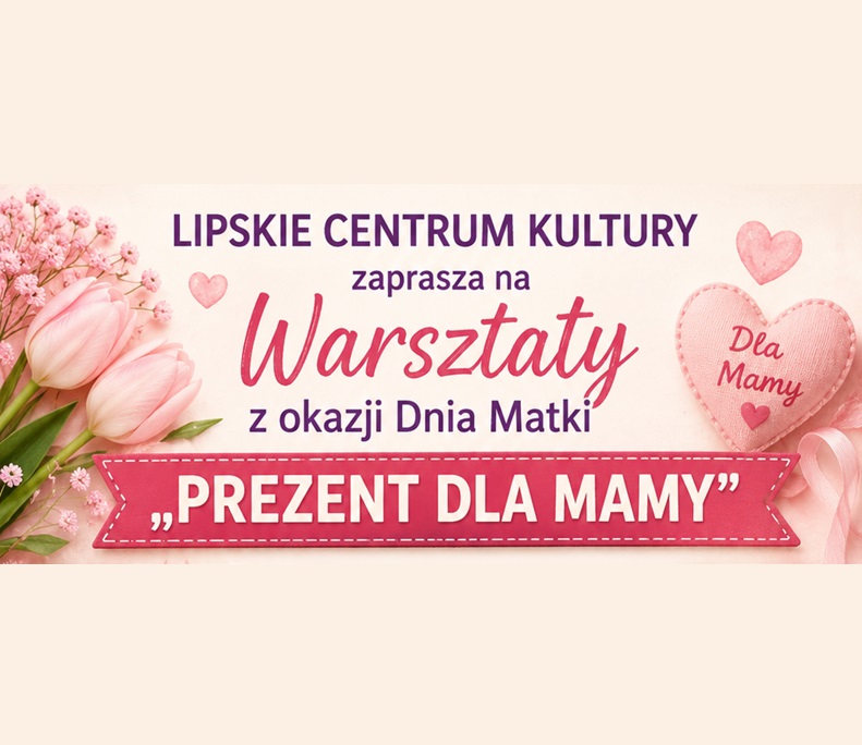 Baner promujący wydarzenie z podstawowymi informacjami (organizator, nazwa) na jasnoróżowym tle z elementami graficznymi różowych kwiatów i serduszkami.