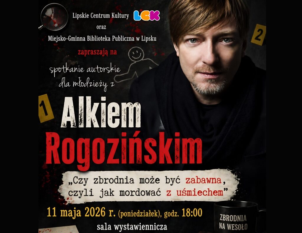 Baner promujący spotkanie autorskie z podstawowymi informacjami (organizator, nazwa spotkania, data, godzina, miejsce) na czarnym tle z logotypem organizatora zdjęciem autora i graficznymi elementami kojarzącymi się z kryminałami na wesoło.