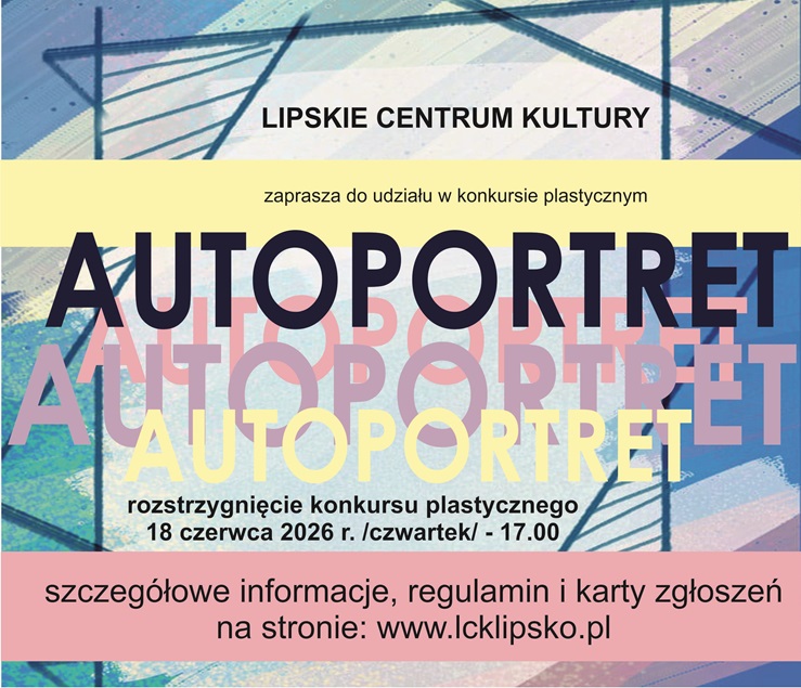 Baner promujący konkurs z podstawowymi informacjami (organizator, nazwa, data i godzina rozstrzygnięcia, notka o regulaminie i karcie zgłoszenia) na błękitno różowym tle z granatowymi liniami.