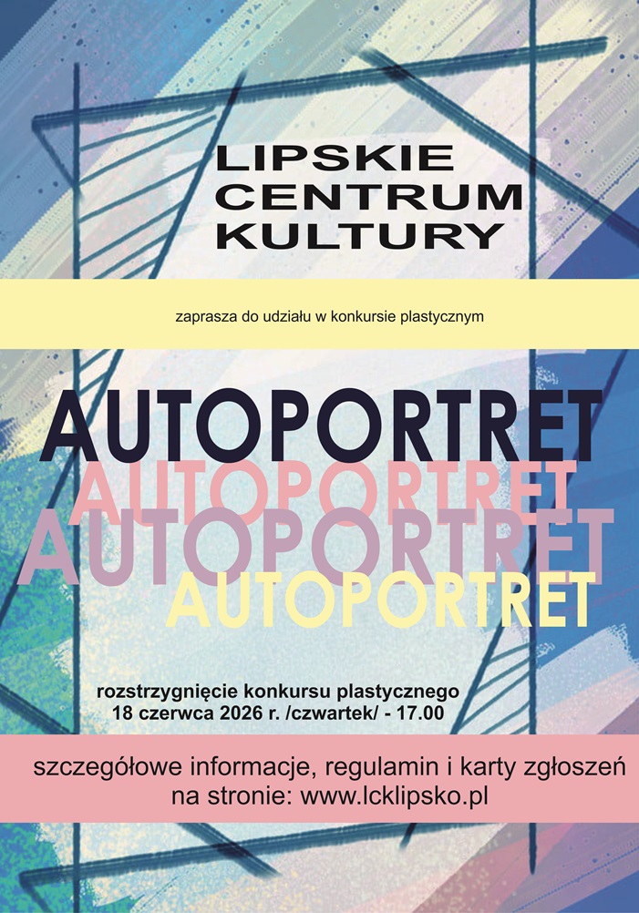 Plakat promujący konkurs z podstawowymi informacjami (organizator, nazwa, data i godzina rozstrzygnięcia, notka o regulaminie i karcie zgłoszenia) na błękitno różowym tle z granatowymi liniami.