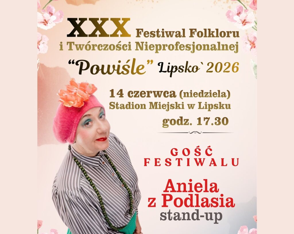 Baner promujący wydarzenie z podstawowymi informacjami (nazwa festiwalu, data, miejsce i godzina, gość festiwalu) na jasnoróżowym tle z elementami graficznymi różowych kwiatów i zdjęciem artystki.