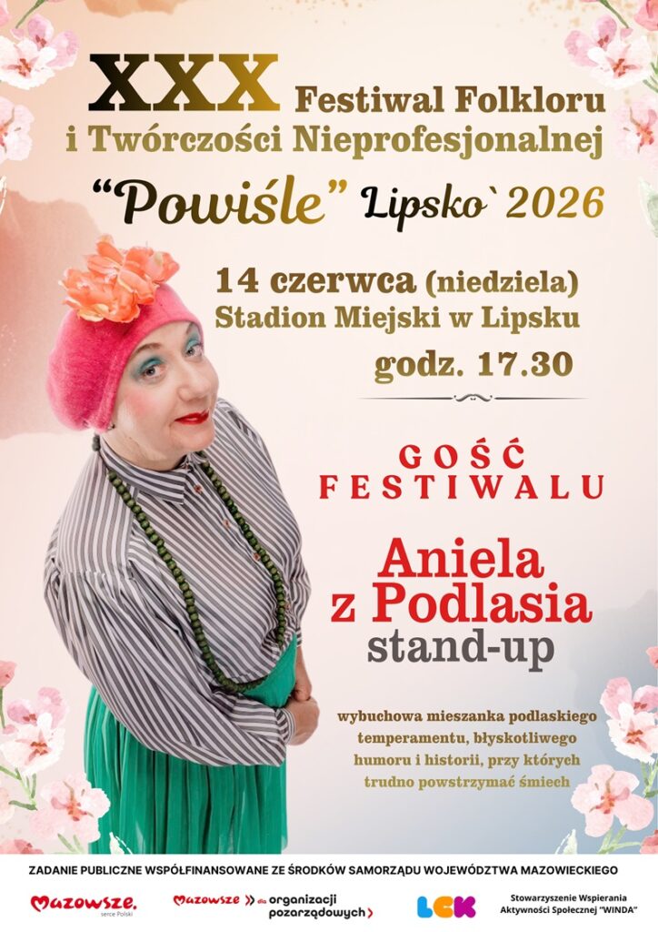 Baner promujący wydarzenie z podstawowymi informacjami (nazwa festiwalu, data, miejsce i godzina, gość festiwalu i krótki opis) na jasnoróżowym tle z elementami graficznymi różowych kwiatów i zdjęciem artystki oraz informacją o dofinansowaniu i logotypami organizatorów.