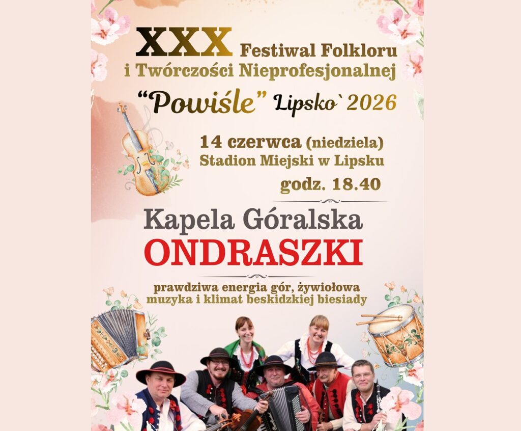 Baner promujący wydarzenie z podstawowymi informacjami (nazwa festiwalu, data, miejsce i godzina, nazwa kapeli i jej krótki opis) na jasnoróżowym tle z elementami graficznymi różowych kwiatów, instrumentów i zdjęciem kapeli.