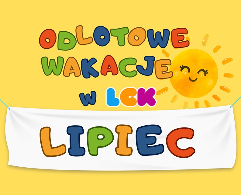 Baner z kolorowymi literami nawiązującymi do nazwy wydarzenia z grafiką uśmiechniętego słońca na żółtym tle.