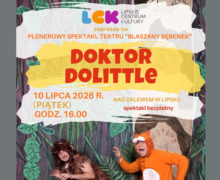 Baner promujący z podstawowymi informacjami o wydarzeniu ( nazwa data godzina, miejsce) na kolorowym zdjęciu z bohaterami teatru oraz logotypem organizatora.