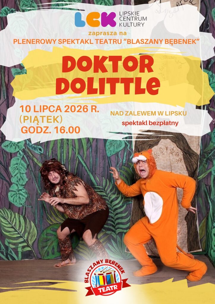 Plakat promujący z podstawowymi informacjami o wydarzeniu ( nazwa data godzina, miejsce) na kolorowym zdjęciu z bohaterami teatru oraz logotypem organizatora i teatru.