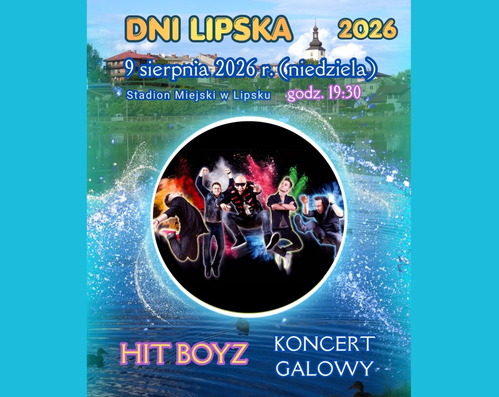 Baner promujący koncert galowy z podstawową informacją o wydarzeniu (nazwa, data, miejsce) na kolorowym tle panoramy miasta ze zdjęciem zespołu Hit Boyz.