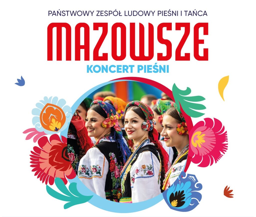 Baner promujący wydarzenie z nazwą zespołu i zdjęciem artystów na białym tle z elementami graficznymi kolorowych kwiatów.