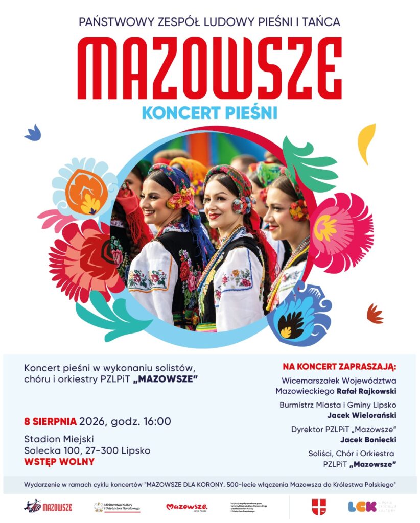 Plakat promujący wydarzenie z podstawowymi informacjami (nazwą zespołu datą, godziną miejscem) na białym tle z elementami graficznymi kolorowych kwiatów zdjęciem artystów oraz logotypami organizatorów.