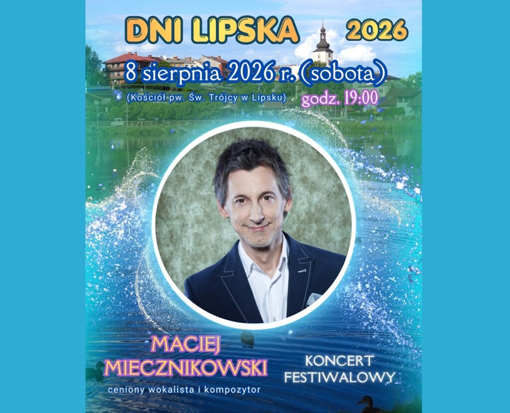 Baner promujący koncert festiwalowy z podstawową informacją o wydarzeniu (nazwa, data, miejsce) na kolorowym tle panoramy miasta ze zdjęciem artysty.