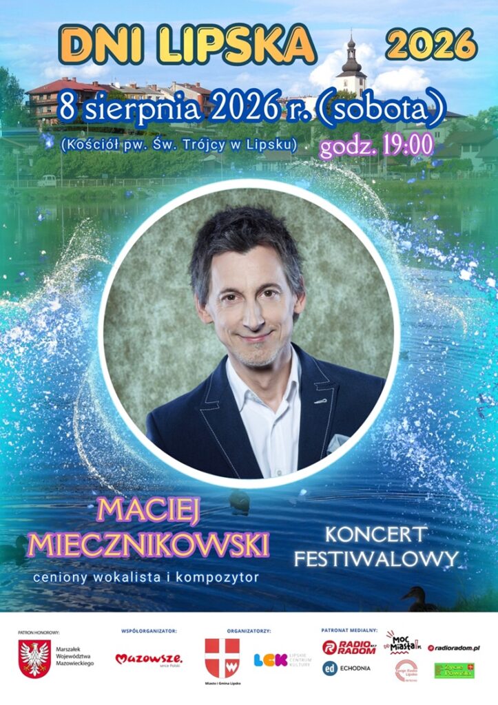 Plakat promujący koncert festiwalowy z podstawową informacją o wydarzeniu (nazwa, data, miejsce) na kolorowym tle panoramy miasta ze zdjęciem artysty oraz logotypami organizatorów i patronatów medialnych.