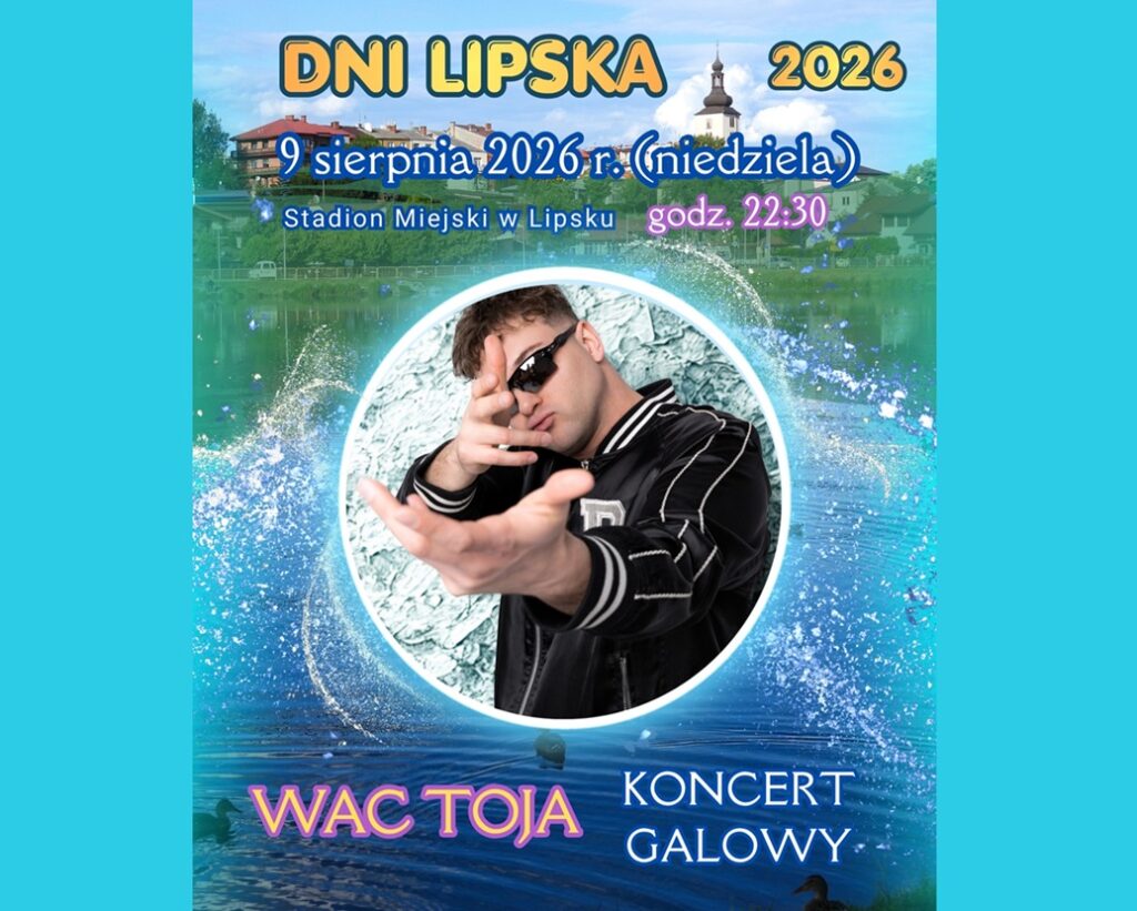 Baner promujący koncert galowy z podstawową informacją o wydarzeniu (nazwa, data, miejsce) na kolorowym tle panoramy miasta ze zdjęciem artysty Wac Toja.