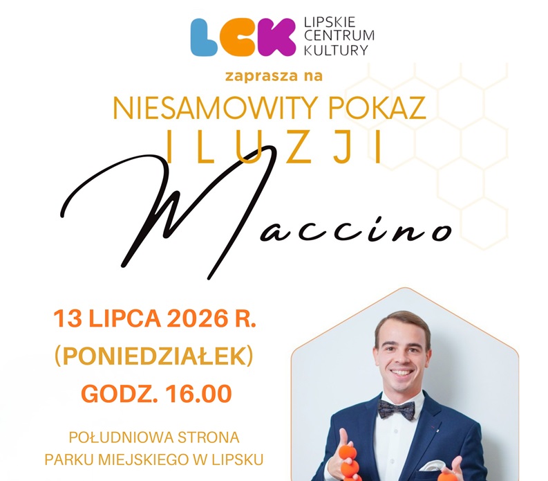 Baner promujący wydarzenie z podstawowymi informacjami ( nazwa data godzina, miejsce) na kolorowym białym tle ze zdjęciem iluzjonisty i logotypem organizatora.