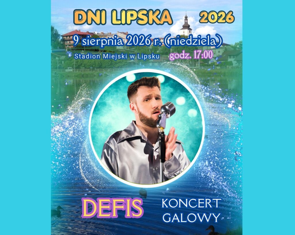 Baner promujący koncert galowy z podstawową informacją o wydarzeniu (nazwa, data, miejsce) na kolorowym tle panoramy miasta ze zdjęciem artysty Defis.