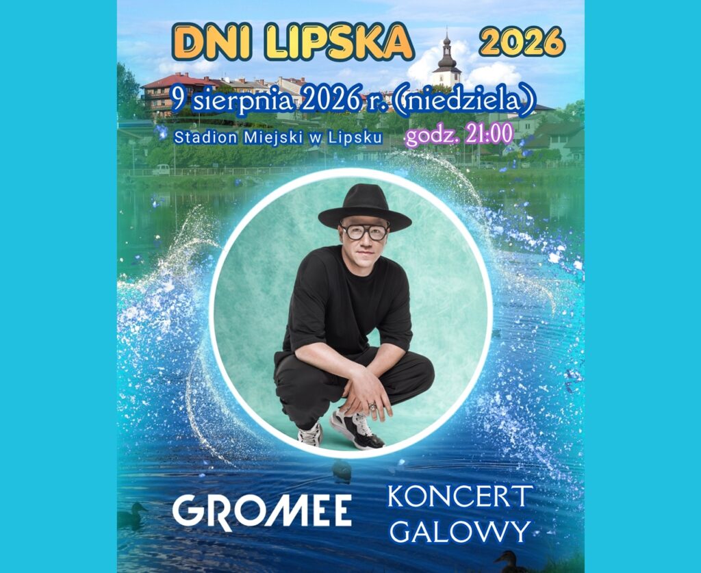 Baner promujący koncert galowy z podstawową informacją o wydarzeniu (nazwa, data, miejsce) na kolorowym tle panoramy miasta ze zdjęciem artysty Gromee.