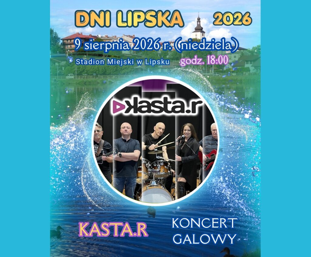Baner promujący koncert galowy z podstawową informacją o wydarzeniu (nazwa, data, miejsce) na kolorowym tle panoramy miasta ze zdjęciem zespołu Kasta.R.