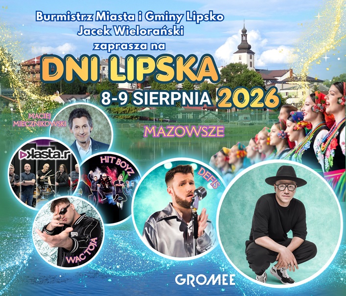 Baner promujący z podstawową informacją o wydarzeniu (nazwa, data) na kolorowym tle panoramy miasta ze zdjęciami i nazwami artystów.