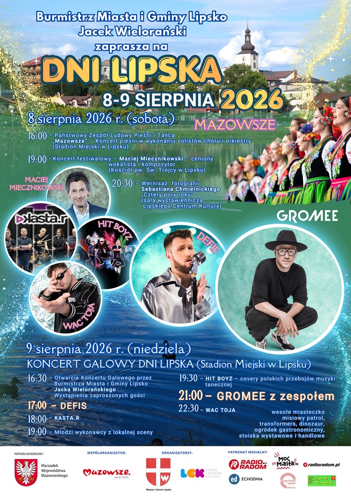 Plakat promujący z podstawową informacją o wydarzeniu (nazwa, data, program godzinowy) na kolorowym tle panoramy miasta ze zdjęciami i nazwami artystów, logotypami organizatorów, współorganizatorów i patronatów medialnych.