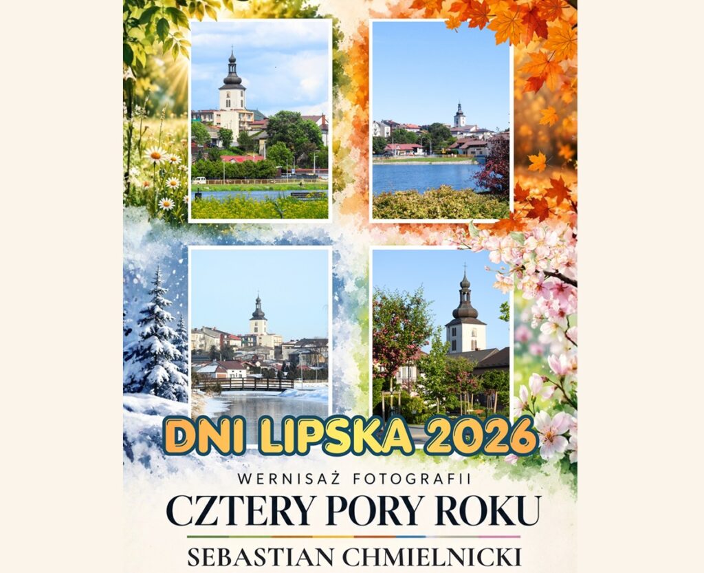 Baner promujący wernisaż z podstawową informacją o wydarzeniu (nazwa wydarzenia i autora) na kolorowym tle w klimacie czterech pór roku ze zdjęciami panoramy Lipska w różnych miesiącach.