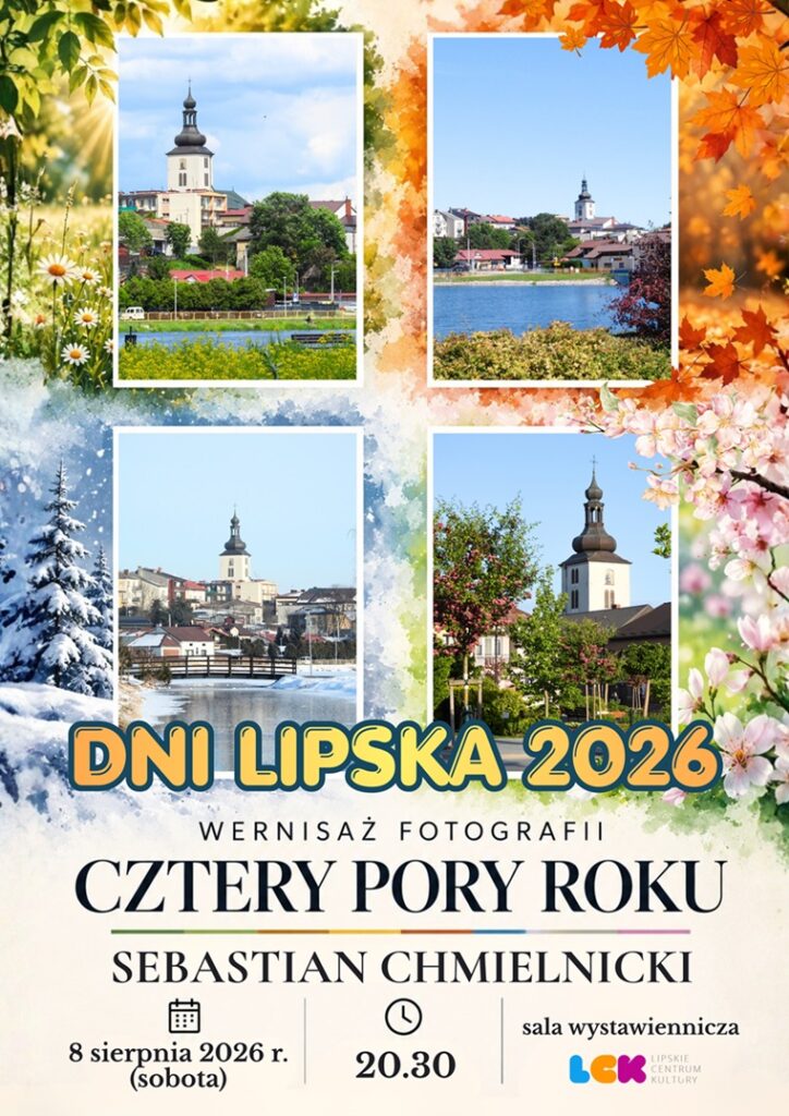 Plakat promujący wernisaż z podstawową informacją o wydarzeniu (nazwa wydarzenia i autora, data, godzina i miejsce) na kolorowym tle w klimacie czterech pór roku ze zdjęciami panoramy Lipska w różnych miesiącach oraz logotypem organizatora.