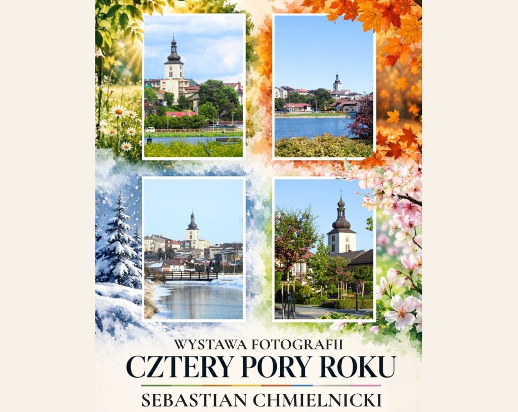 Baner promujący wystawę z podstawową informacją o wydarzeniu (nazwa i autora) na kolorowym tle w klimacie czterech pór roku ze zdjęciami panoramy Lipska w różnych miesiącach.