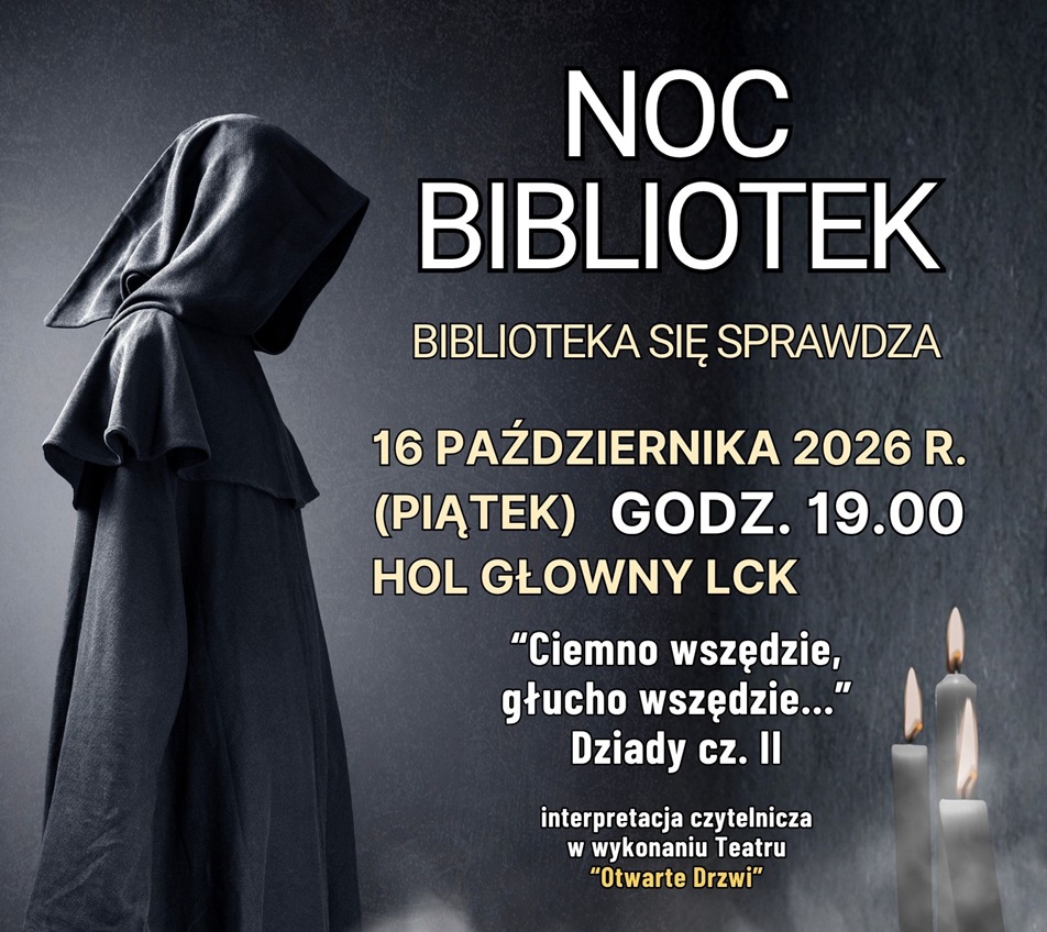 Baner promujący wydarzenie z podstawowymi informacjami (nazwa, hasło, data, tytuł) na ciemnoszarym tle z trzema zapalonymi świecami i zakapturzoną postacią.