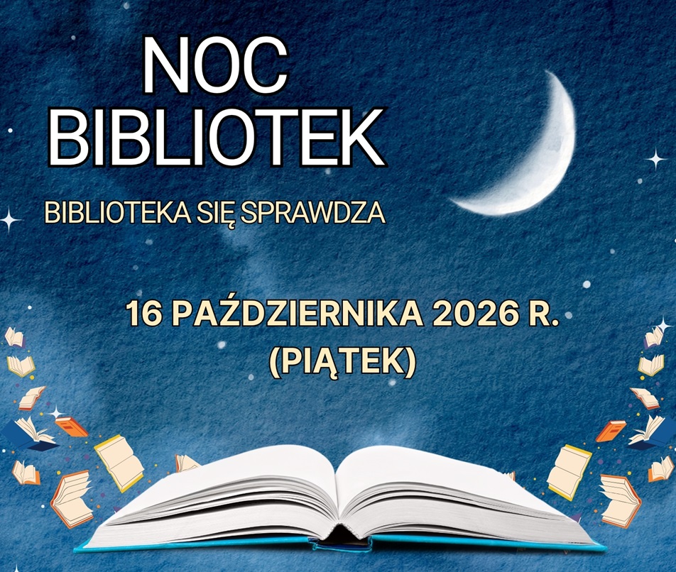 Baner promujący wydarzenie z podstawowymi informacjami (nazwa, hasło, data) na granatowym tle z księżycem otwartą księgą i mniejszymi kolorowymi książkami.