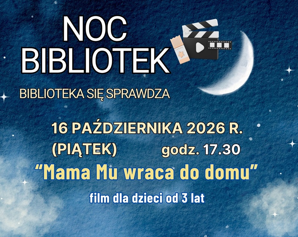 Baner promujący wydarzenie z podstawowymi informacjami (nazwa, hasło, data) na granatowym tle z księżycem i gwiazdami oraz ikonką biletu taśmy filmowej i klapsa